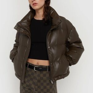 OAK + FORT WOMEN’S VEGAN LEATHER PUFFER COAT IN TURKISH COFFEE SIZE XS